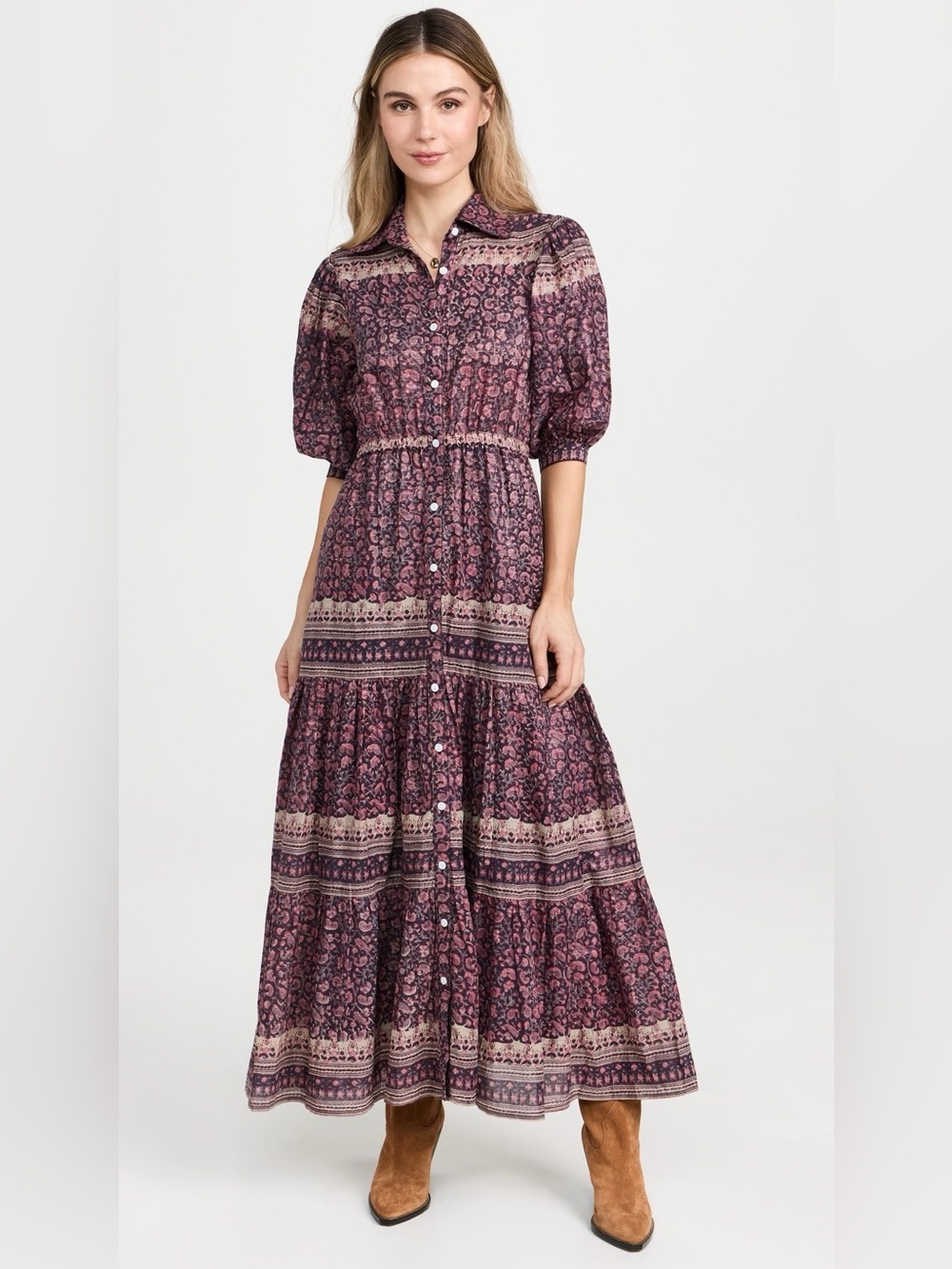 Alicia Bell Blair Purple Floral Print Tiered Skirt Puff Sleeve Maxi Dress Large